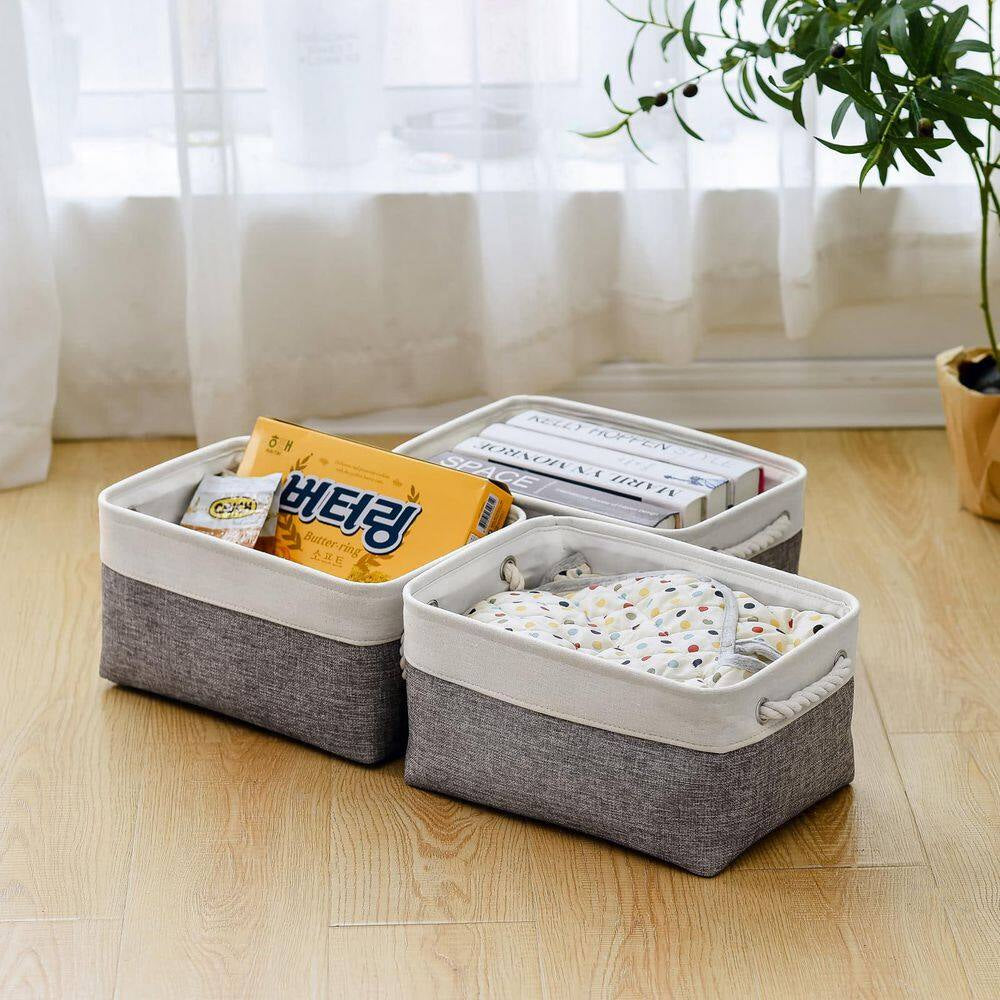 White & Grey 9.8 In. X 6.7 In. Fabric Collapsible Storage Bins Set of 3 for Home Organization