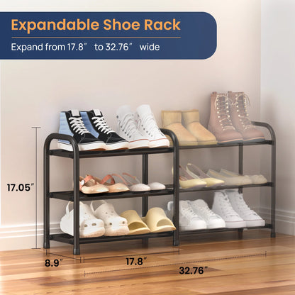 3 Tier Expandable Shoe Rack, Black Metal Shoe Shelf Organizer Storage for Closet, Space Saving Shoe Rack for Entrywa