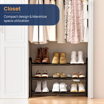 3 Tier Expandable Shoe Rack, Black Metal Shoe Shelf Organizer Storage for Closet, Space Saving Shoe Rack for Entrywa
