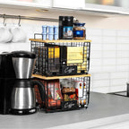 2-Piece Stackable Wire Baskets with Bamboo Tops, Pantry Organizer and Storage Bins, Kitchen Counter Cabinet Shelf