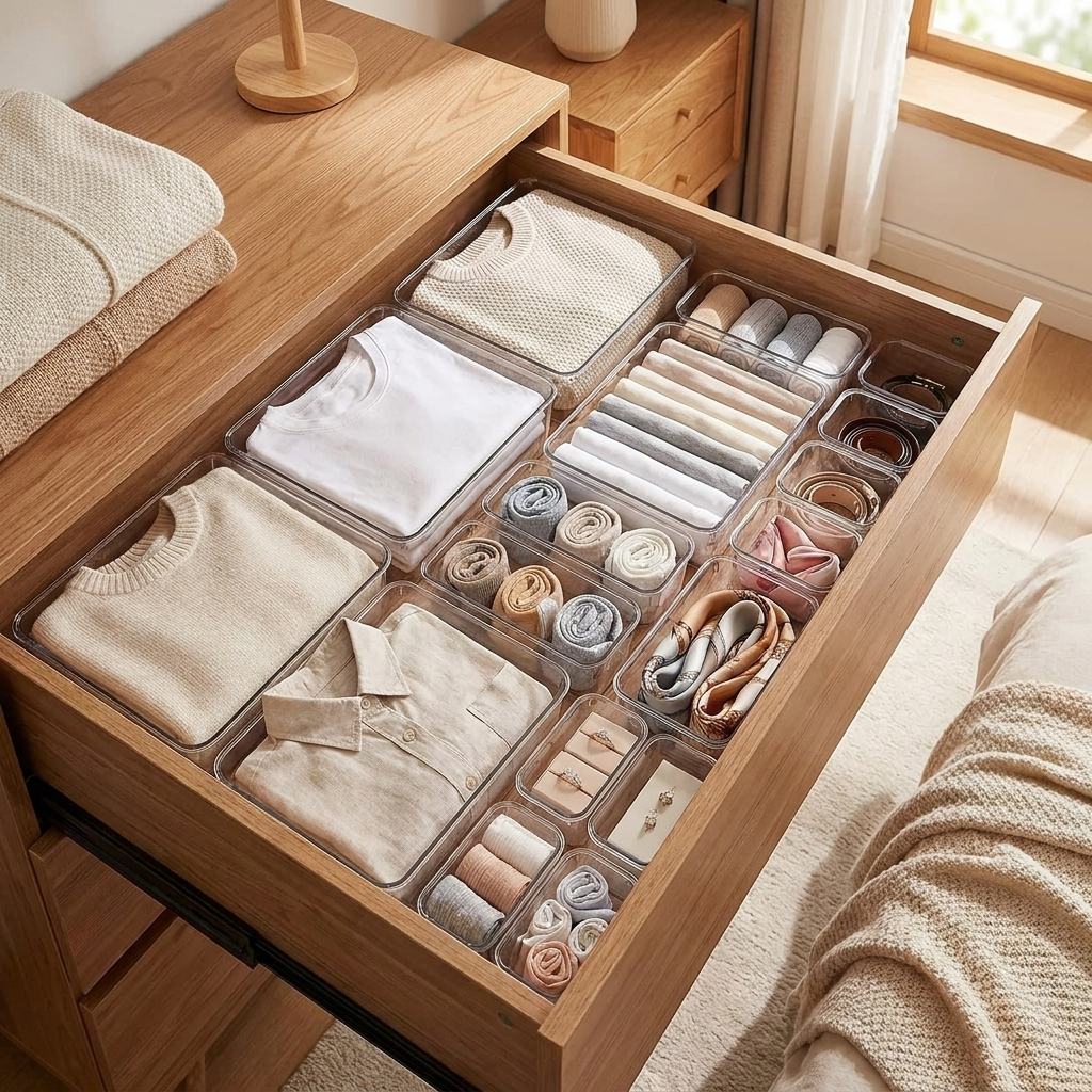 Clear Drawer Organizer Set in use in a bedroom dresser drawer - lifestyle photo