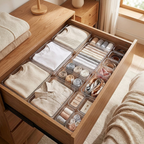 Clear Drawer Organizer Set in use in a bedroom dresser drawer - lifestyle photo
