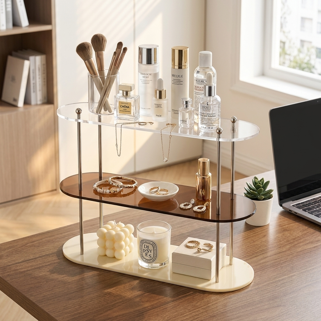 Acrylic multi-layer desk organizer styled on a home office desk with makeup, skincare, and jewelry