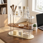 Acrylic multi-layer desk organizer styled on a home office desk with makeup, skincare, and jewelry