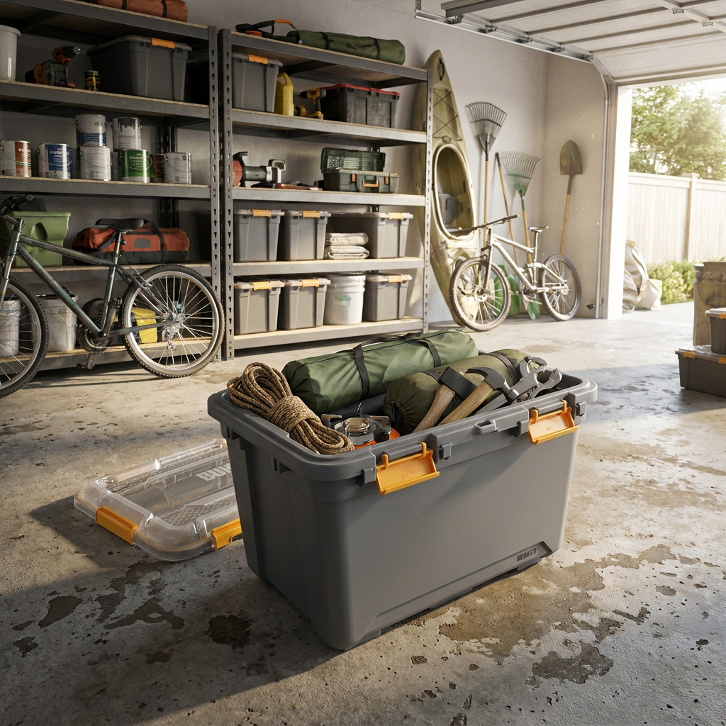 Gray 20-gallon waterproof storage tote in a garage, packed with camping gear and tools