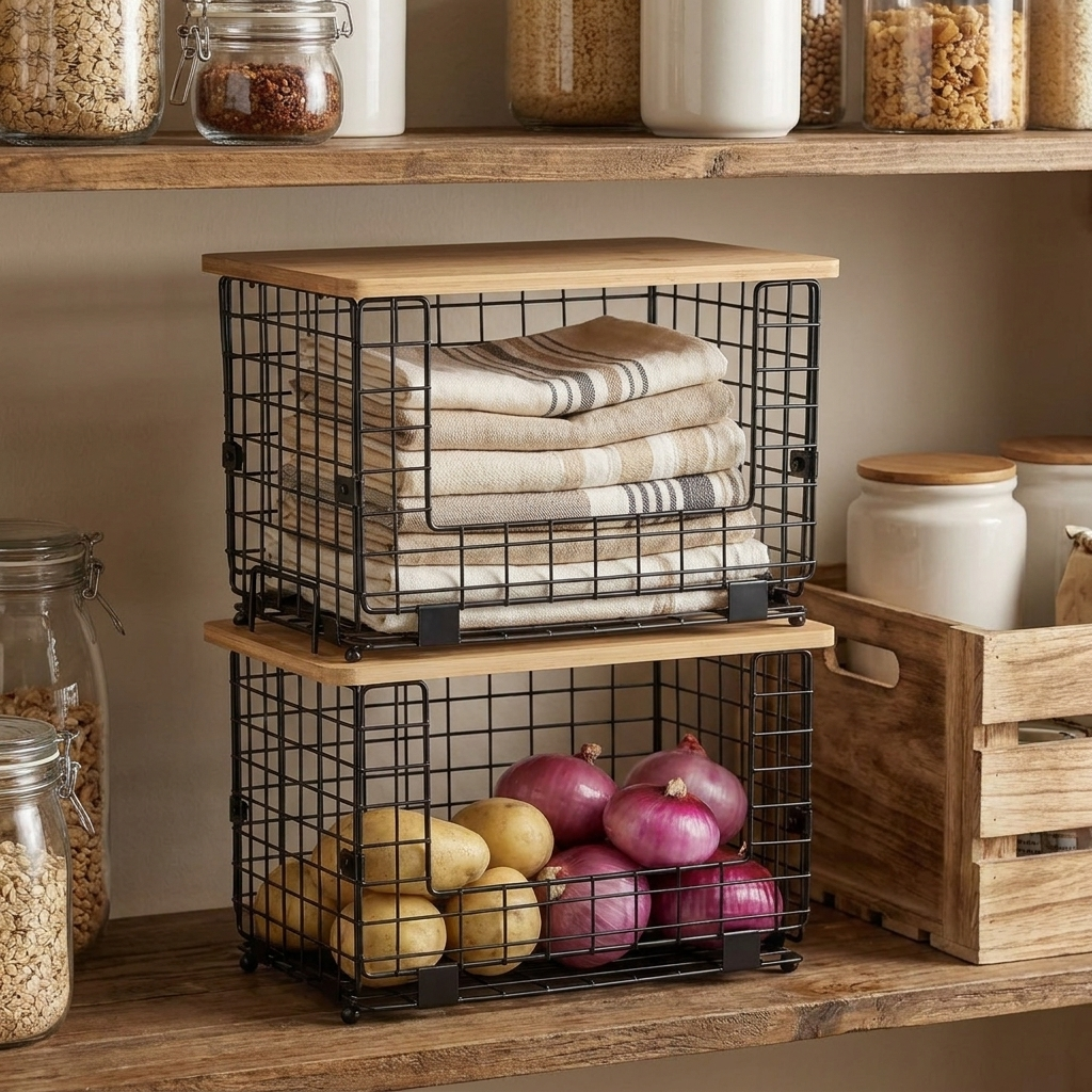 Stacked wire baskets with bamboo lids in a kitchen pantry, holding produce and towels