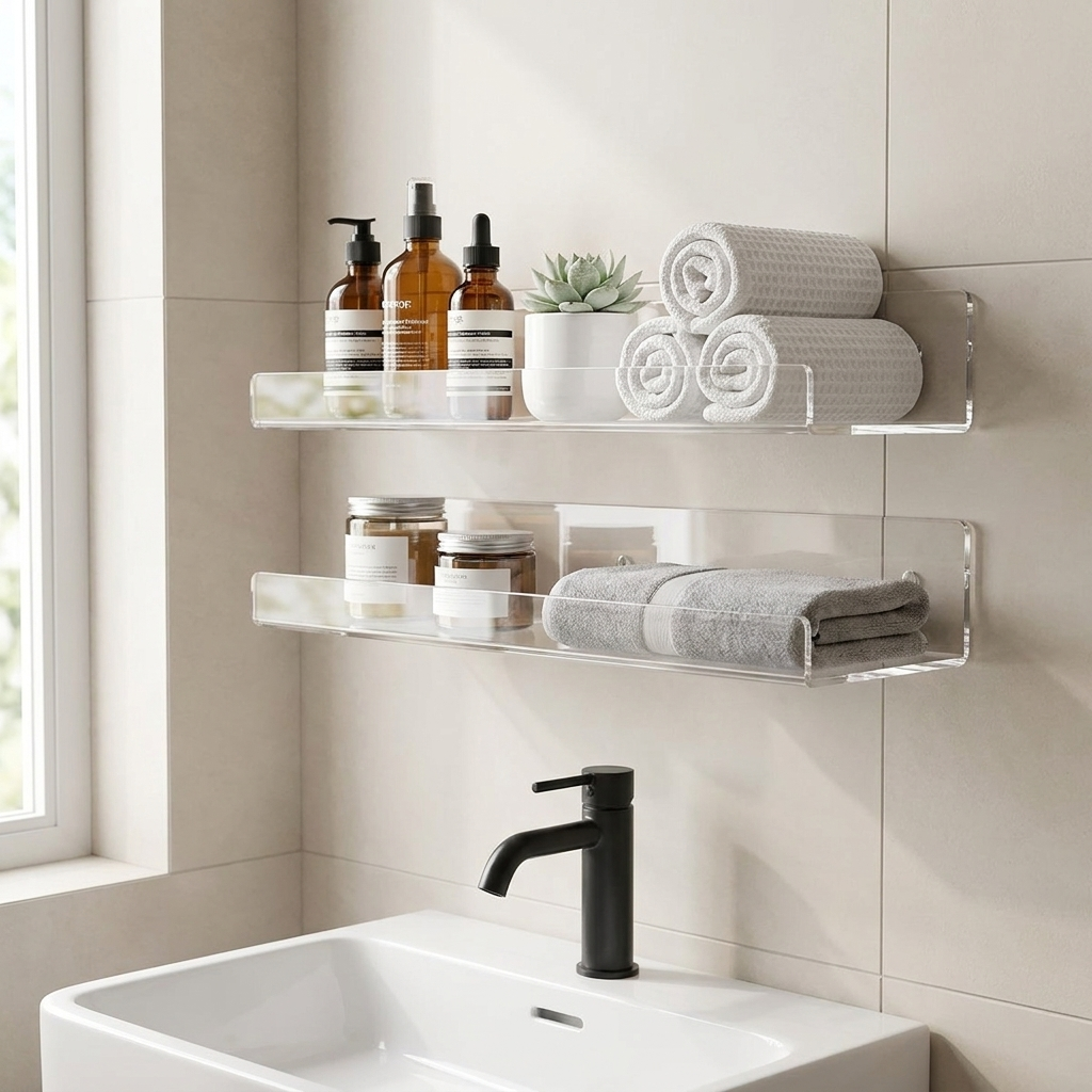 Clear acrylic floating shelves mounted in a bathroom, holding skincare and a plant