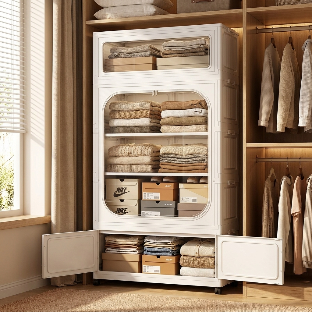 Foldable dustproof storage cabinet set up in a closet filled with folded clothes and shoeboxes