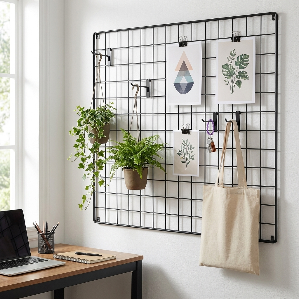 Black grid wall hooks mounted in a home office holding a plant, keys, tote bag, and art prints