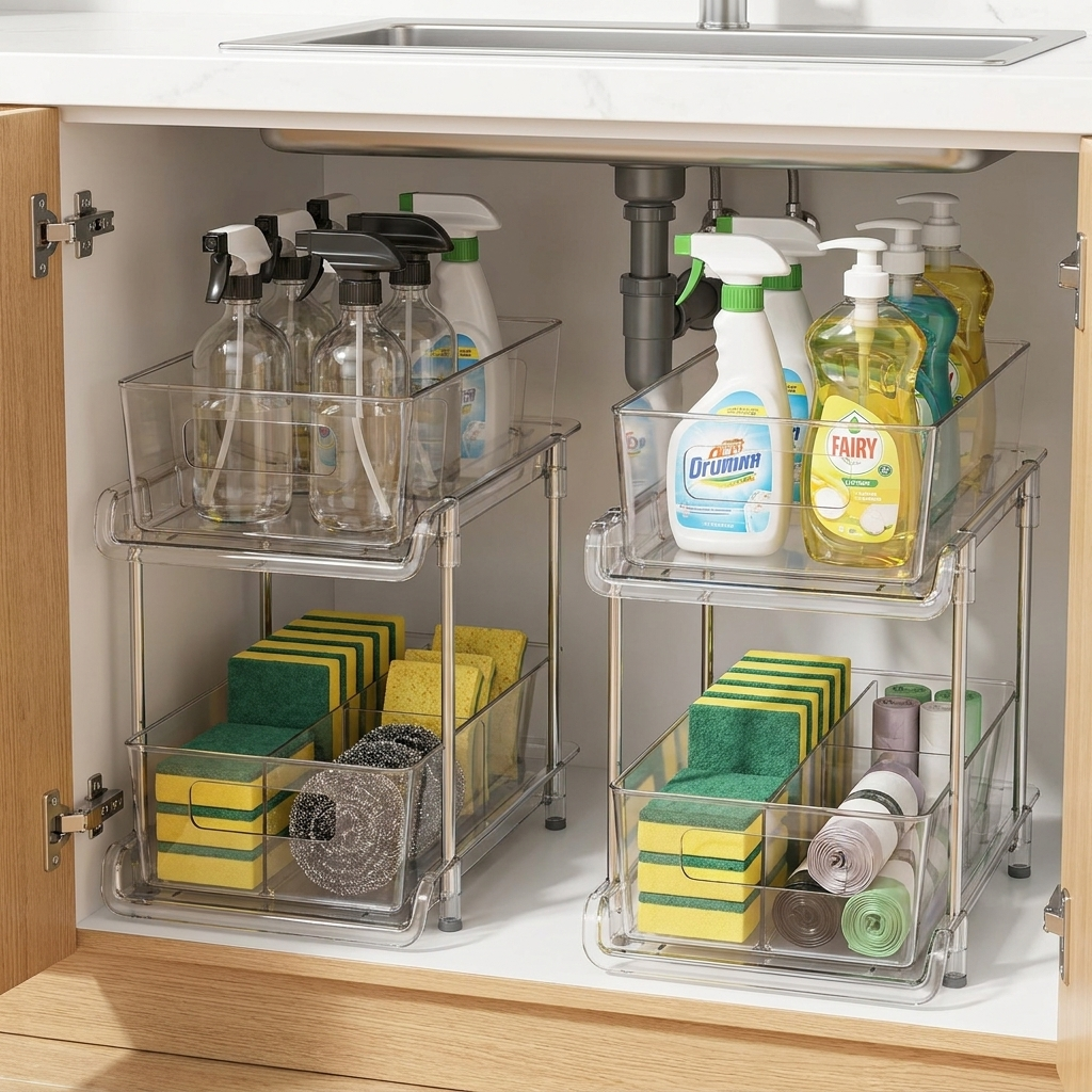 Clear tiered pull-out organizer under a kitchen sink holding cleaning supplies