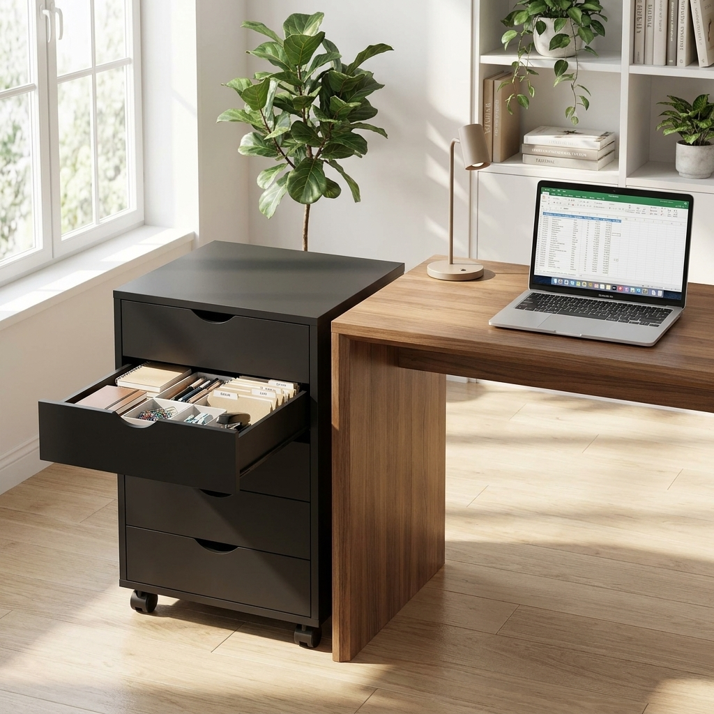 Black 5-drawer rolling storage cabinet beside a home office desk with one drawer open
