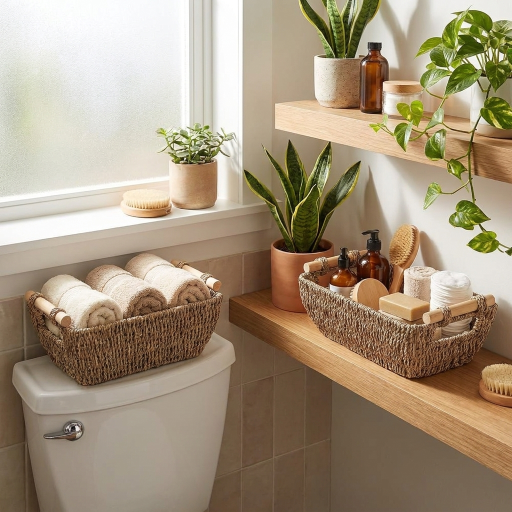 Handwoven seagrass baskets with wooden handles styled in a bathroom holding towels and toiletries
